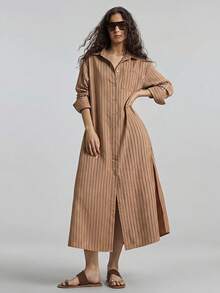 Ontre 女款節日穿搭海灘裝度假穿搭鄉村風鄉村音樂會春夏季女款條紋襯衫寬鬆長洋裝都市通勤商務休閒女裝度假海灘洋裝女款優雅洋裝婚禮賓客洋裝海灘沿岸洋裝女款度假穿搭海灘裝度假穿搭女款辦公穿搭 - 棕色 - 查看 4
