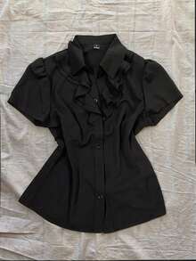 Attitoon Women's Spring Summer Frill Trim V Neck Tailored Blouse Elegant Short Sleeve Shaping Shirt For Business Casual - Black - View 7