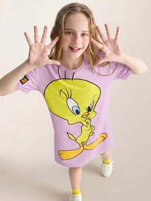 LOONEY TUNES X SHEIN Tween Girl Cartoon Tweety Bird Print Yellow Casual Versatile Short Sleeve Dress - Purple - View 1
