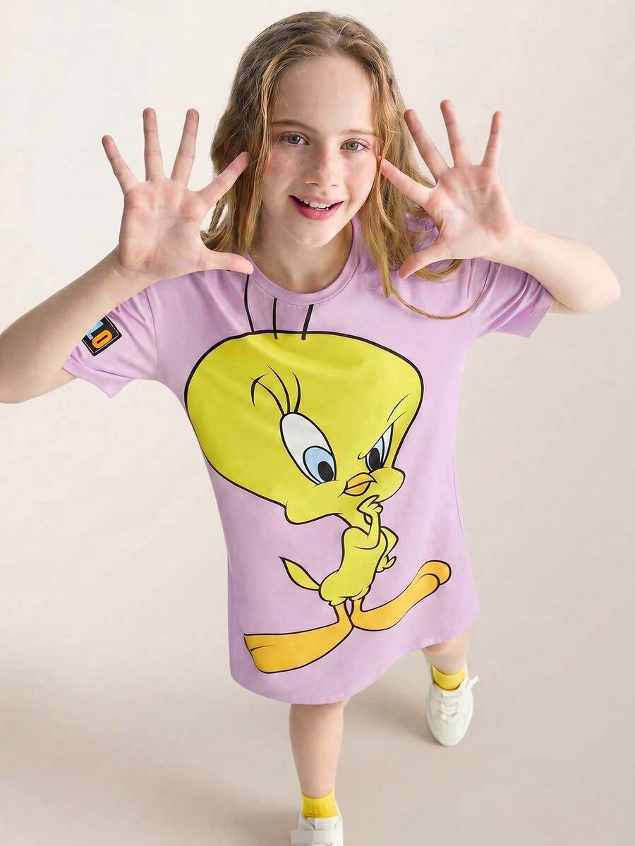 LOONEY TUNES X SHEIN Tween Girl Cartoon Tweety Bird Print Yellow Casual Versatile Short Sleeve Dress - Purple - View 1