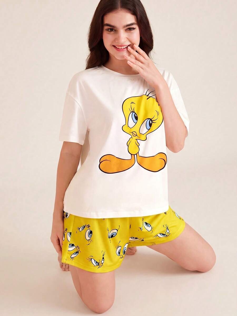 LOONEY TUNES X SHEIN 女士可爱崔弟鸟印花短袖上衣和短裤睡衣套装,夏季休闲 - 白色 - 查看 1
