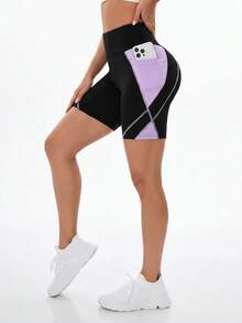 Easithlete Pantalones cortos deportivos sin costuras de cintura alta con parches de colores contrastantes - Multicolor - Ver 3