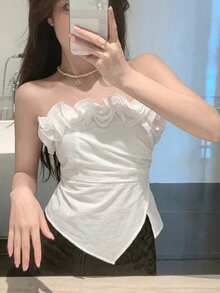 DAZY 女款全花卉植物印花休閒度假夏季抹胸上衣 - 白色 - 查看 8