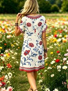 Selamara Bohemian Stil Digitaldruck V-Ausschnitt Kurzarm Top Platzierung Muster Damen Sommerurlaub Lässig Vintage V-Ausschnitt Kleid - Verschiedenfarbig - Übersicht 2