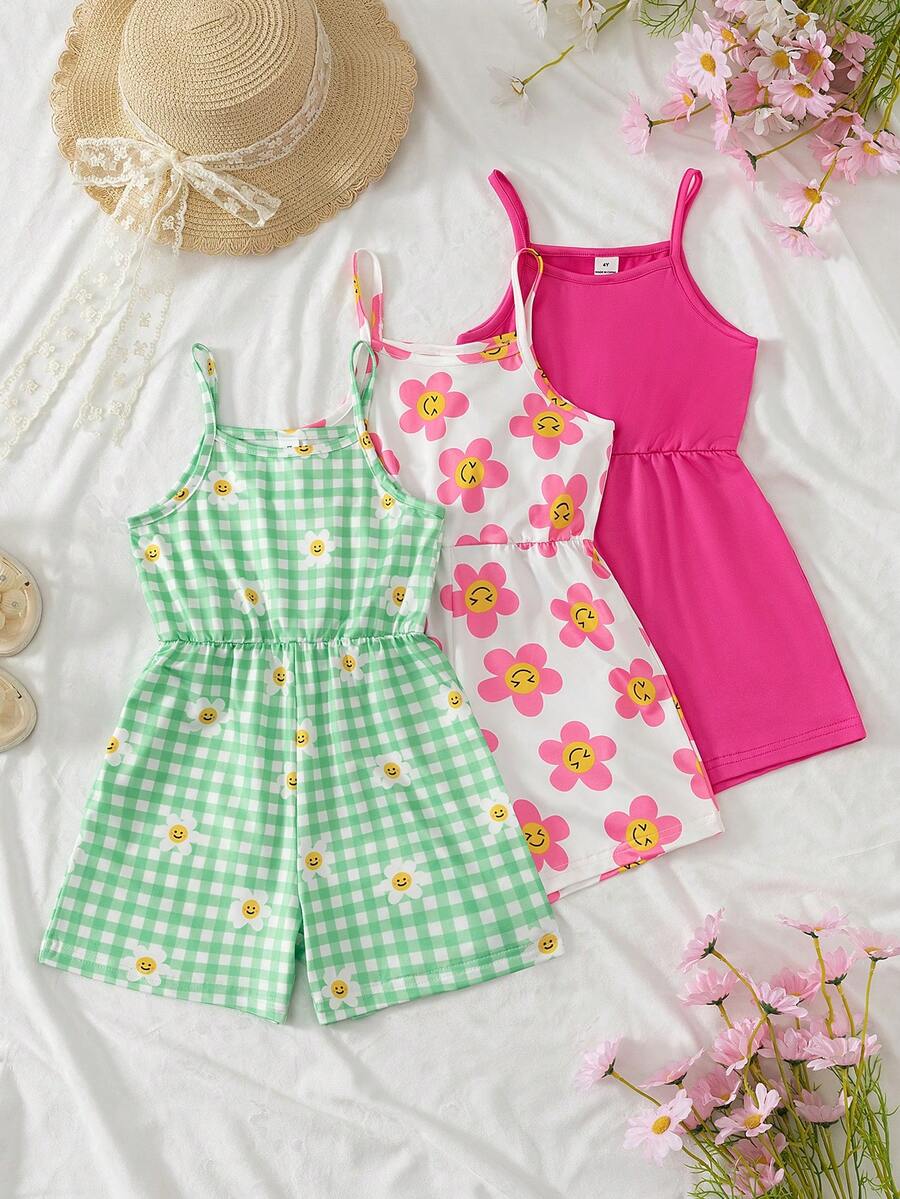 SHEIN Elladie kids 女童針織牛奶絲彈性吊帶連身短褲三件組，甜美休閒度假風，純色+大花臉+格紋雛菊印花，嬰幼童居家日常戶外玩樂幼兒園學校休閒百搭，柔軟舒適收腰連身衣，活潑充滿活力夏日氛圍