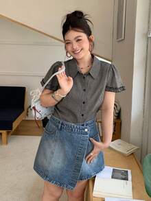 Dazy Plus 常规腰围街头休闲修身加大码女式春夏牛仔短裤 - 中等水洗藍 - 查看 6