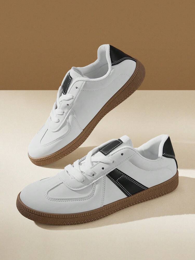 CUCCOO EASI Women's Lace-Up Splicing Design Round Toe Flat Bottom Casual Sports Shoes Casual Style PU With Imitation Suede Leather Black And White Casual Sports Shoes Daily Outdoor Leisure Sports