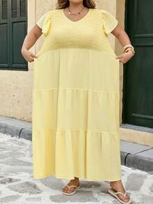 SHEIN CURVE+ Plus Size Women's Butter Yellow Romantic 1950s Vintage Traditional 1920s Spring Ruffle Pink Mid Length Skirt, Bohemian Style, Summer Dress, Vacation - Yellow - View 9
