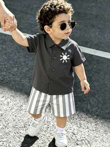 SHEIN Playful Pals Set Baju Bayi Laki-laki: Kardigan Lengan Pendek dengan Saku Tempel dan Celana Pendek - Grey - View 7