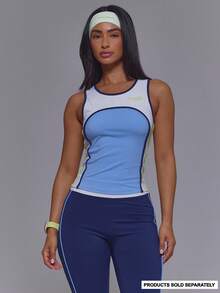 Sport Blue Scoop Neck Contrast Colour Panels Side Stripe Fitted Musera Sport Logo Tank Cami Top - Multicolor - View 1