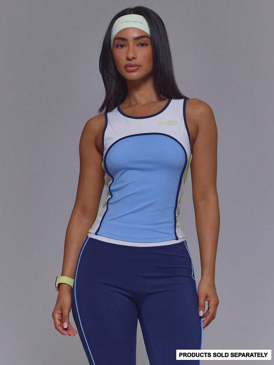 Sport Blue Scoop Neck Contrast Colour Panels Side Stripe Fitted Musera Sport Logo Tank Cami Top - Multicolor - View 1