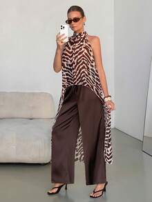 Lavishia Chemise en mousseline de soie sans manches à imprimé zébré à la mode pour femmes, convient pour l'été, les vacances, les fêtes et les tenues décontractées - Marron - Voir 6