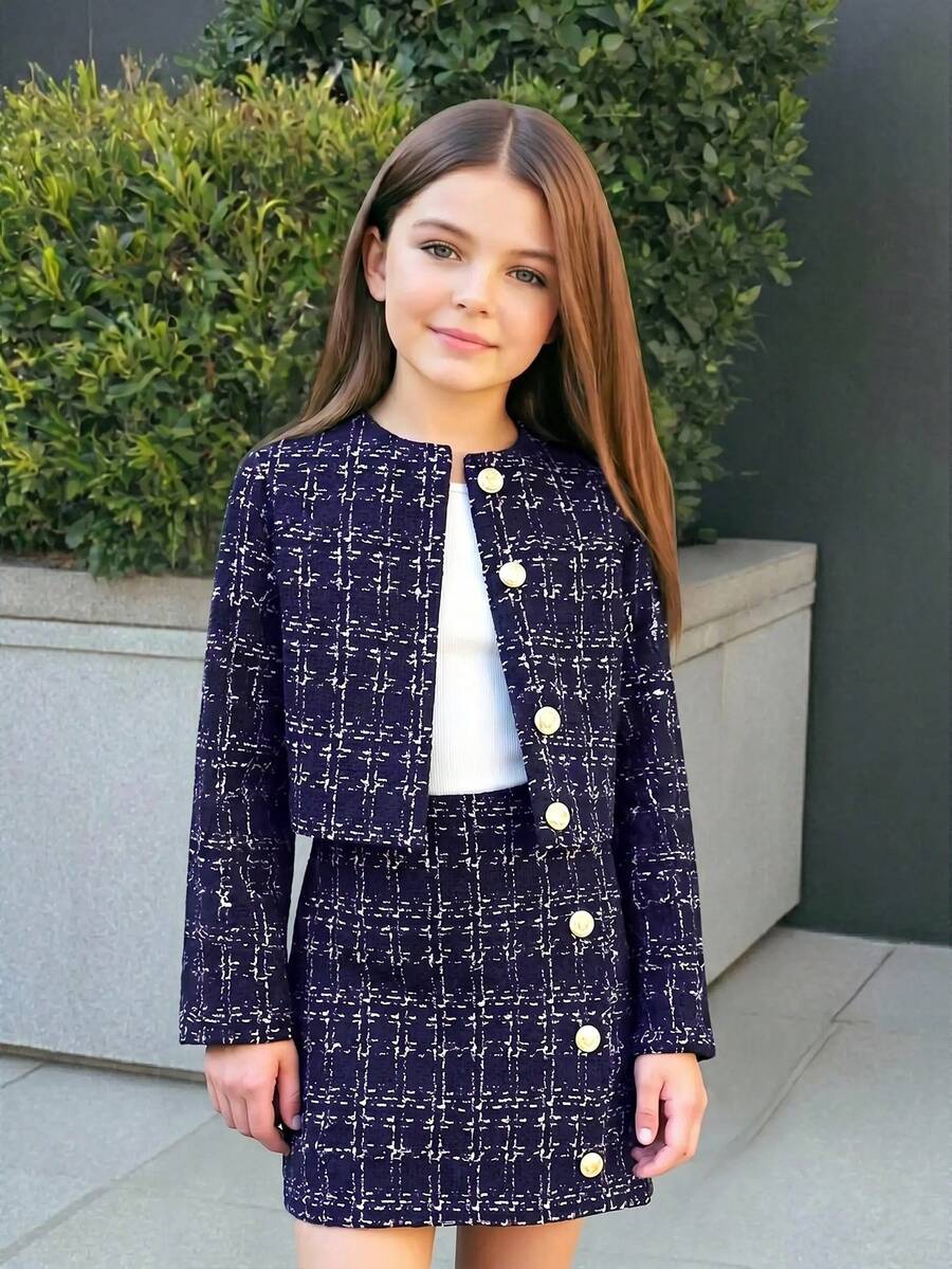 SHEIN Firerie Kids 少女圓領長袖金屬鈕扣裝飾夾克搭配貼身裙都市時尚套裝 - 藍色 - 查看 1