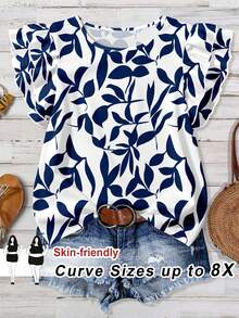 SHEIN CURVE+ بلوزة كاجوال للمرأة البدينة مطبوعة بالزهور مع أكمام مكسرة - أبيض - مشاهدة 1