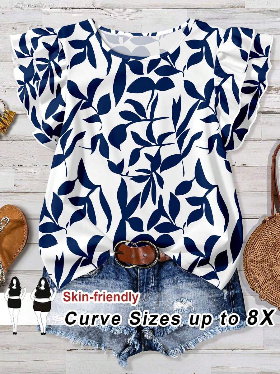 SHEIN CURVE+ بلوزة كاجوال للمرأة البدينة مطبوعة بالزهور مع أكمام مكسرة - أبيض - مشاهدة 1