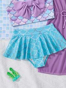 SHEIN Kids Young Girl Fish Scale Print Bow Decor Bikini And Triangle Bottom Two-Piece Swimsuit Set With Cover-Up Dress Baby Yellow Summer - Multicolor - View 6