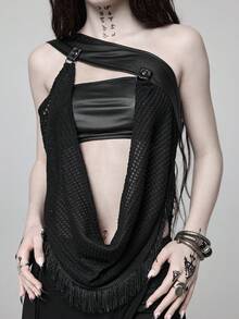 ROMWE Goth 垂領哥德風流蘇抹胸上衣 女款PU皮革金屬仿針織 性感辣妹風 - 黑色 - 查看 5