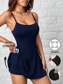 SHEIN PETITE 女款細肩帶A字下擺純色可收納運動休閒日常防走光連身寬褲，適合嬌小女性 - 藏蓝色 - 查看 6