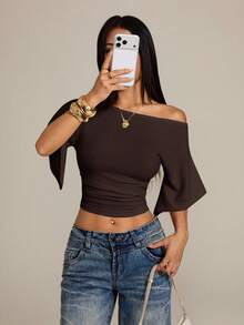 SHEIN PETITE Apricot Knit Batwing Short Sleeve Cropped T-Shirt For Women - Brown - View 7