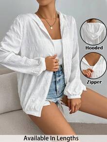 SHEIN PETITE CURVE 大尺碼女款純色輕便連帽長袖外套，適合返校季、秋季，教師穿著，白色秋季外衣 - 白色 - 查看 3