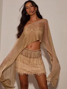 Opulessa Women's Solid Color One Shoulder Top And Tassel Design Mini Skirt Sexy Date Night Out Two Pieces Set Gold Beige Summer - Gold - View 1