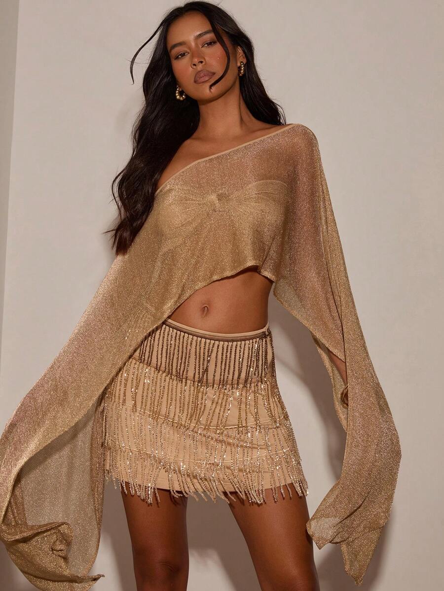 Opulessa Women's Solid Color One Shoulder Top And Tassel Design Mini Skirt Sexy Date Night Out Two Pieces Set Gold Beige Summer - Gold - View 1
