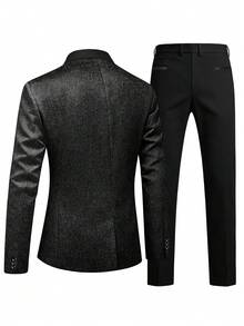 Manfinity Mode 男士長袖西裝外套與長褲套裝，修身剪裁，經典奢華風格，適合四季穿著，完美適用於商務通勤、正式場合與日常穿搭 - 黑色 - 查看 2