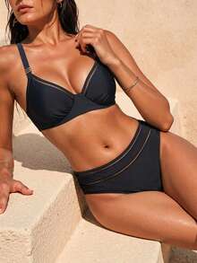 SHEIN Swim 純色空心背帶比基尼雙件套裝，夏季沙灘 - 黑色 - 查看 2