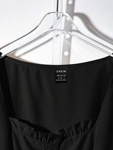 SHEIN PariChic 女士优雅通勤纯色泡泡袖纽扣连衣裙，夏季黑色纽扣连衣裙，经典黑色连衣裙，法式黑色连衣裙，纽扣中长连衣裙，夏季大学校园服装 - 黑色 - 查看 6