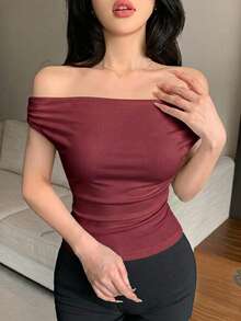 DAZY 春夏紅色垂領吊帶背心音樂節情人節婚禮休閒度假海灘短版女款背心上衣 - 酒紅色 - 查看 5