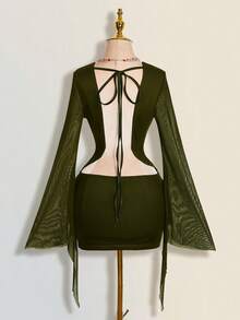 SHEIN ICON Sexy Oversized Cowl Neck Mesh Patchwork Backless Mini Dress - Army Green - View 3