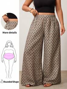 Enliva Plus Size Women's Polka Dot Wide Leg Pants – Flowy Elastic Waist Design For A Relaxed, Chic Everyday Look Vacation Autumn, For Apple And Rounded Body Shape - Khaki - View 1