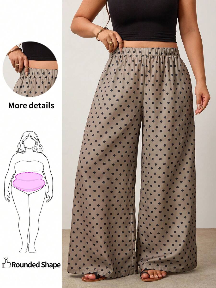 Enliva Plus Size Women's Polka Dot Wide Leg Pants – Flowy Elastic Waist Design For A Relaxed, Chic Everyday Look Vacation Autumn, For Apple And Rounded Body Shape - Khaki - View 1