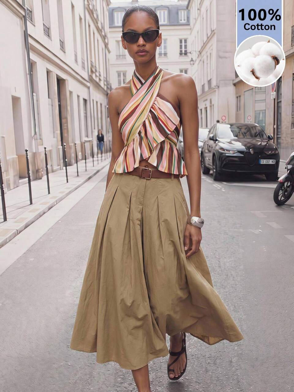 SHEIN Maija Spring/Summer New Khaki Pleated Flared Skirt With Side Pockets, Detachable PU Leather Metal Belt, Women's Skirt, Modern Elegant Style For Carnival, Elegant Party, Valentine's Day, Back To School, Music Festival
