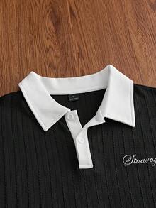 SWAVVY 男士字母刺繡時尚極簡風POLO衫 - 黑色 - 查看 3