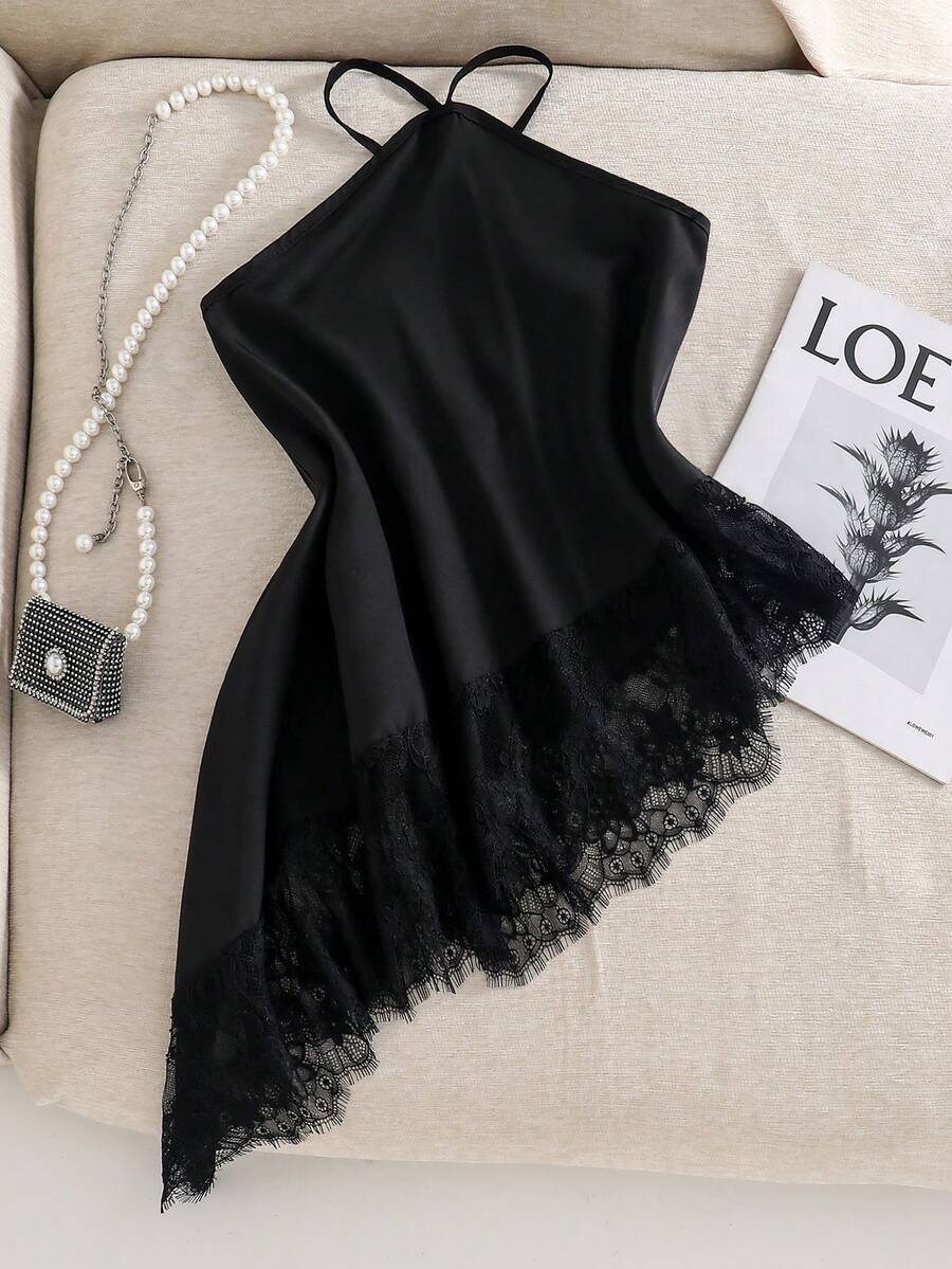 SHEIN Atasan Halter untuk Remaja Putri, dengan Hiasan Renda, Cocok untuk Sehari-hari & Acara Jalan-jalan - Hitam - View 1