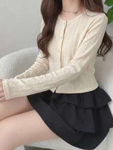 FRIFUL 女款圓領休閒寬鬆波點鈕扣開襟長袖T恤，夏季款 - 杏色 - 查看 8