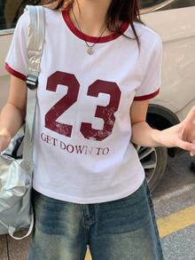 DAZY 女款撞色字母織帶裝飾修身休閒街頭運動風短袖T恤 - 白色 - 查看 7
