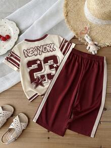 SHEIN Baby Girl Knit Letter & Number Pattern Casual T-Shirt And Long Pants 2 Pieces Set - Multicolor - View 6