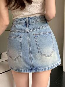 DAZY 女士水钻装饰休闲优雅牛仔迷你裙 - 淺色水洗藍 - 查看 4