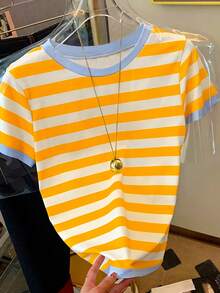 SHEIN Women's Colorblock Striped Round Neck Short Sleeve T-Shirt - Multicolor - View 4
