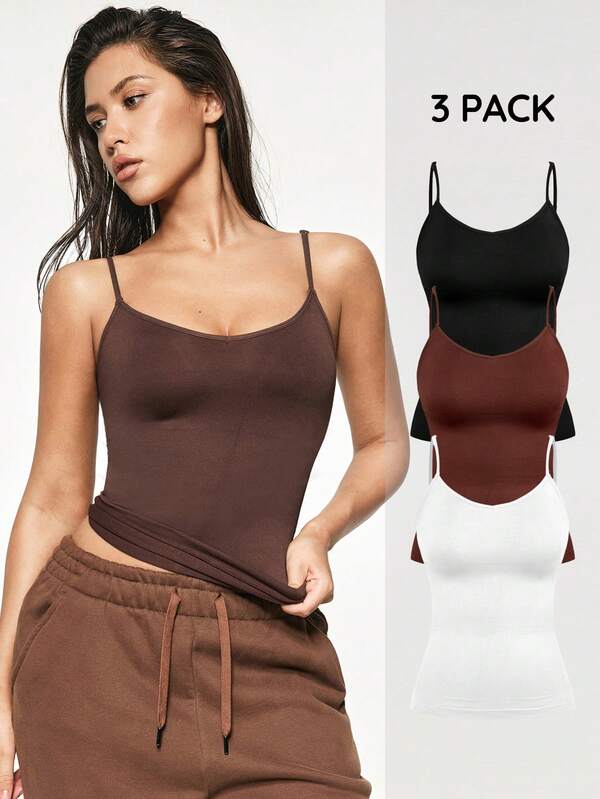 SHAPORA 3pcs Women Seamless Minimalist Camisole Tops, Basic Undershirt, Slimming Waist, Adjustable Straps, Suitable For All Seasons
