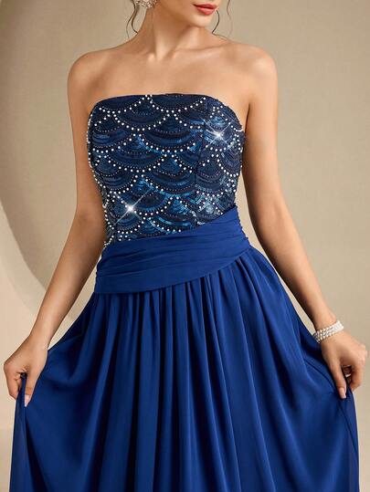 Coutiva Vestido de noche elegante plisado azul marino sin tirantes con cuentas para mujer