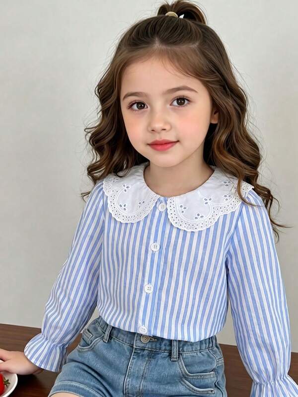 SHEIN Elladie kids Blusa de princesa elegante para niñas con cuello de pétalo de encaje bordado, manga larga, abotonada, de un solo pecho, casual y de moda, adecuada para la escuela, vacaciones, viajes, fiesta de cumpleaños, regalo, temporada de regreso a la escuela en primavera/otoño