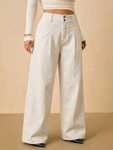 SHEIN Tall CURVE 大码女式高腰双扣白色阔腿牛仔裤，休闲夏季优雅商务日常穿搭；大码女式纯色口袋拉链纽扣宽松牛仔裤，夏季款 - 白色 - 查看 4