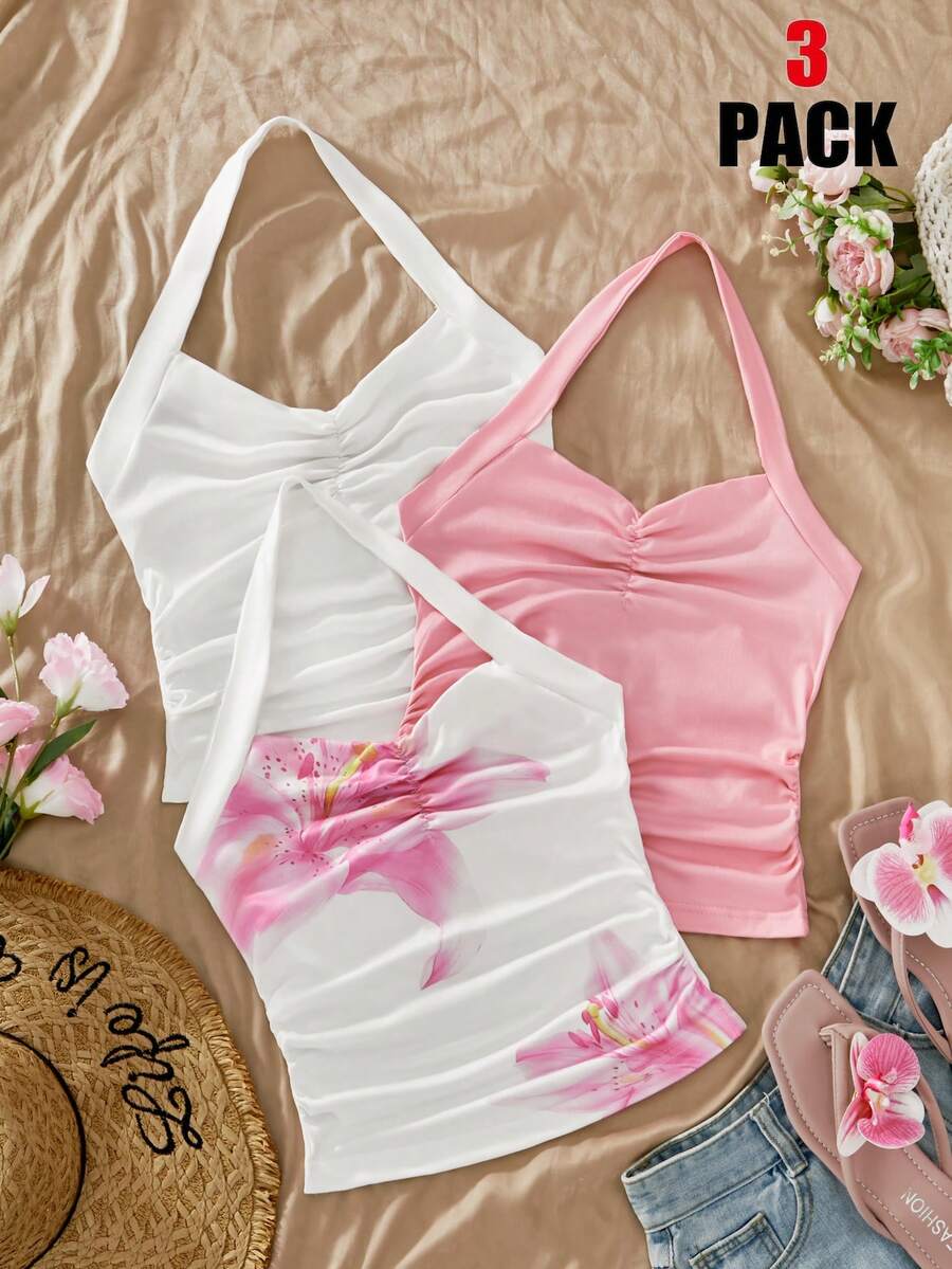 SHEIN Sparklyn 少女时尚可爱舒适波浪纹蝴蝶结吊带背心,适合外出和聚会,春夏款 - 彩色 - 查看 1