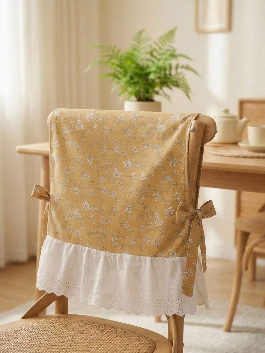 Cirelle 1pc Cottagecore Floral Chair Back Cover – Aesthetic Lace Ruffled Backrest Slipcover With Bow Ties For Dining Room - multicolor - View 1