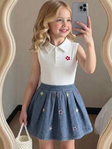 SHEIN Genkimix Kids 少女 Polo 裙套裝 夏季新品 可愛甜美風 白色羅紋針織無袖上衣 繽紛花朵刺繡 淺藍色牛仔百褶裙 鬆緊腰 柔軟舒適 休閒日常上學度假旅行穿搭 - 白色 - 查看 5