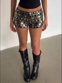 Glamine Women's Sexy Y2K Black Gold Sequin Shorts Gitter Embroidered HighWaist Bodycon Hot Pants, Soft Lined Party Clubwear Rave Beach Summer Festival Night - Black - View 6