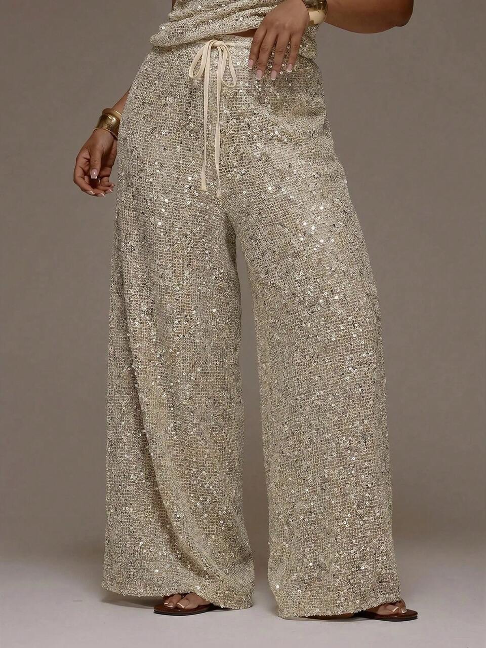 Plus Size Brown Sequin Knit Mid Rise Tie Waist Wide Leg Trousers Spring Summer Cute Elegant Date Night Party Festival Holiday Vacation Beach Fall